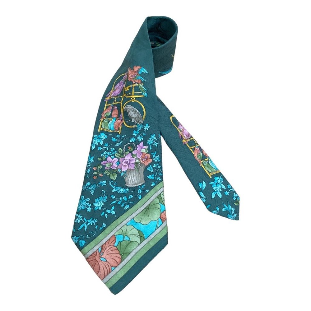 LEONARD Green Birds & Flowers Print Silk Tie Italy 57"-3.7" EC - Picture 3 of 6